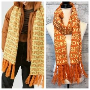 URBAN OUTFITTERS ELLIE KNIT SCARF PEACE PRINT YELLOW ORANGE FLOWER FRINGE OS